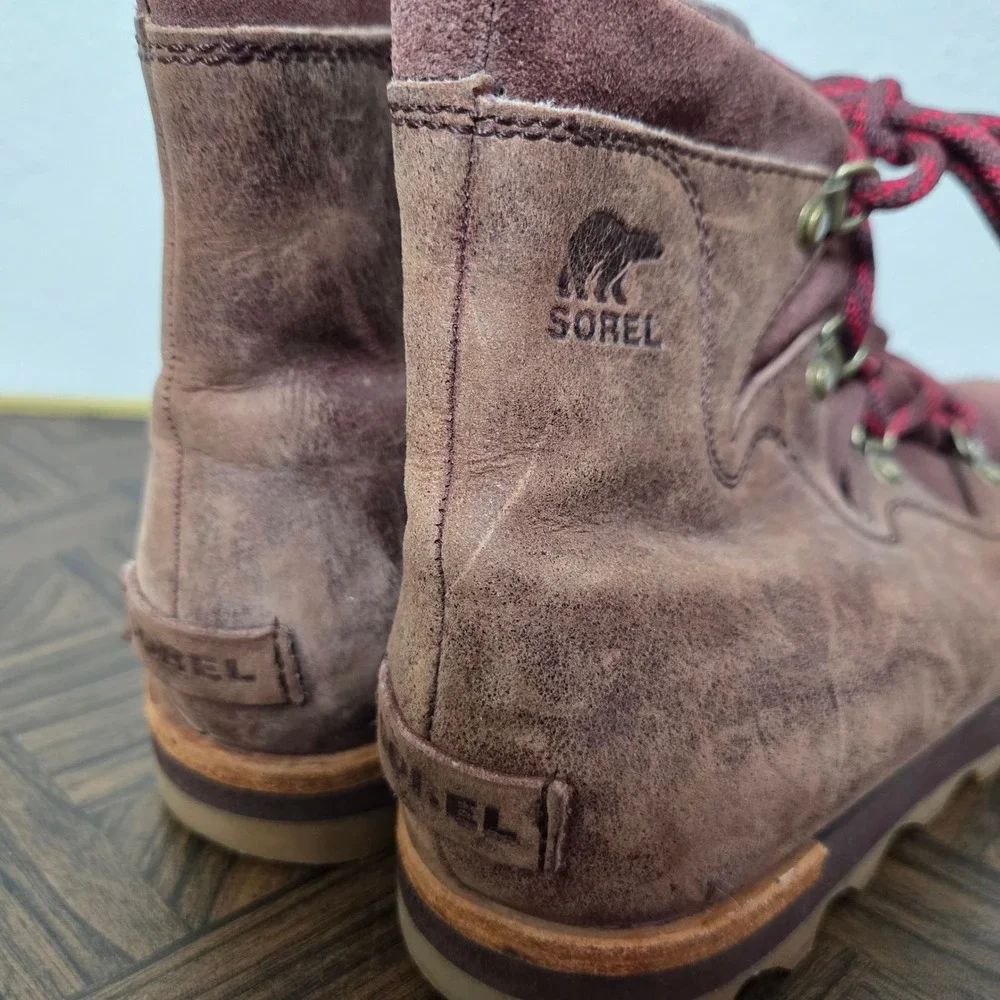 Sorel brown‎ leather red lace ankle boots womens size 10 Winter boots